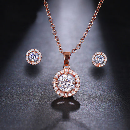 Manifold Simple Round Zircon Inlaid Clavicle Chain Necklace Earrings Two-piece Set